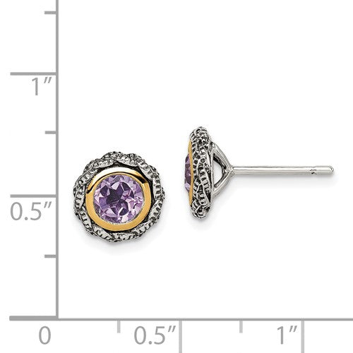 Sterling Silver with 14K Accent Antiqued Amethyst Stud Earrings