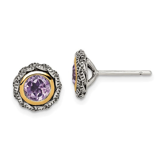 Sterling Silver with 14K Accent Antiqued Amethyst Stud Earrings