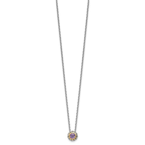 Sterling Silver with 14K Accent Antiqued Round Bezel Amethyst Necklace