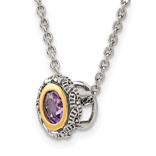 Sterling Silver with 14K Accent Antiqued Round Bezel Amethyst Necklace