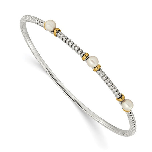 Sterling Silver with 14K Accent Antiqued Freshwater Pearl Bangle