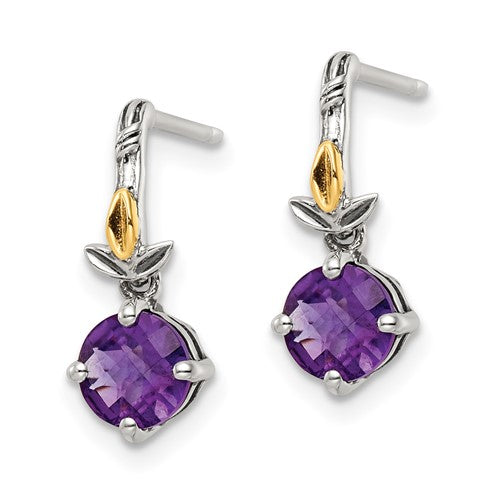 Sterling Silver with 14K Accent Round Amethyst Dangle Earrings