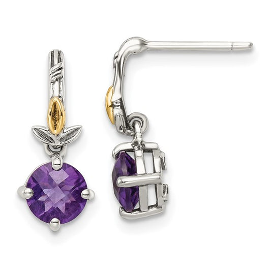 Sterling Silver with 14K Accent Round Amethyst Dangle Earrings