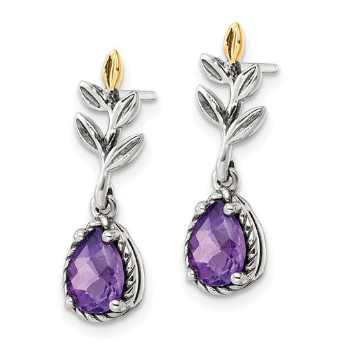 Sterling Silver with 14K Accent Antiqued Pear Amethyst Dangle Earrings