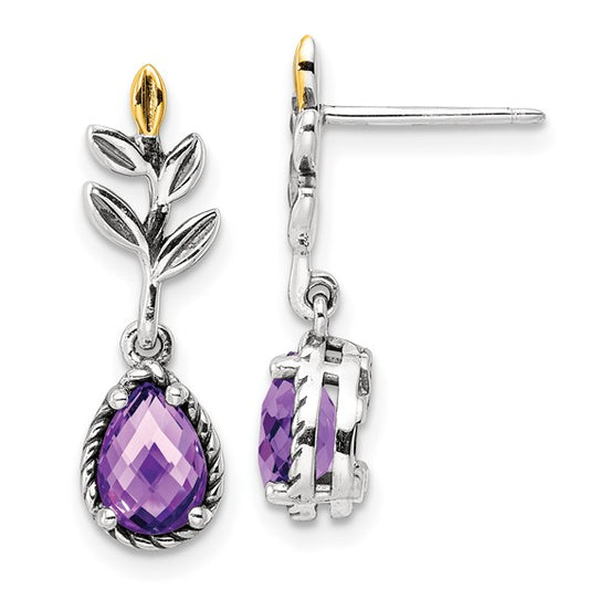 Sterling Silver with 14K Accent Antiqued Pear Amethyst Dangle Earrings