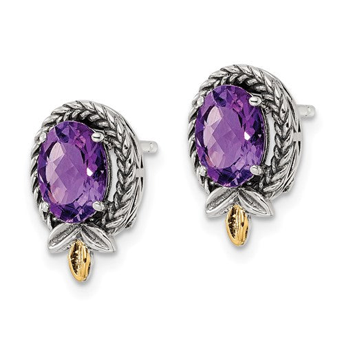 Sterling Silver with 14K Accent Antiqued Oval Amethyst Stud Earrings