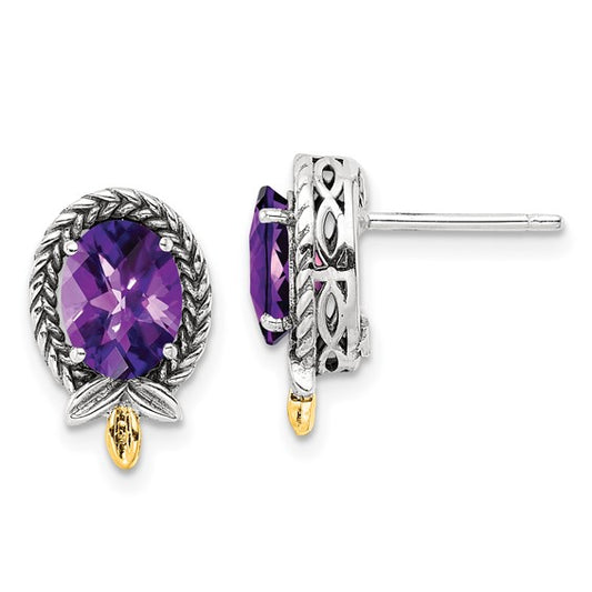 Sterling Silver with 14K Accent Antiqued Oval Amethyst Stud Earrings