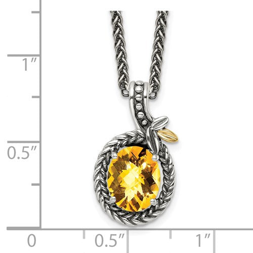 Sterling Silver with 14K Accent Antiqued Bezel Oval Citrine Necklace