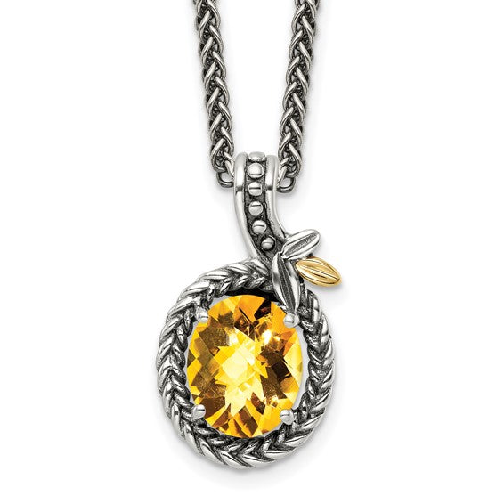 Sterling Silver with 14K Accent Antiqued Bezel Oval Citrine Necklace