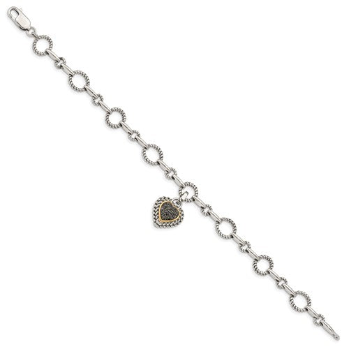 Sterling Silver with 14K Accent 8 Inch Antiqued Black Diamond Heart Link Bracelet