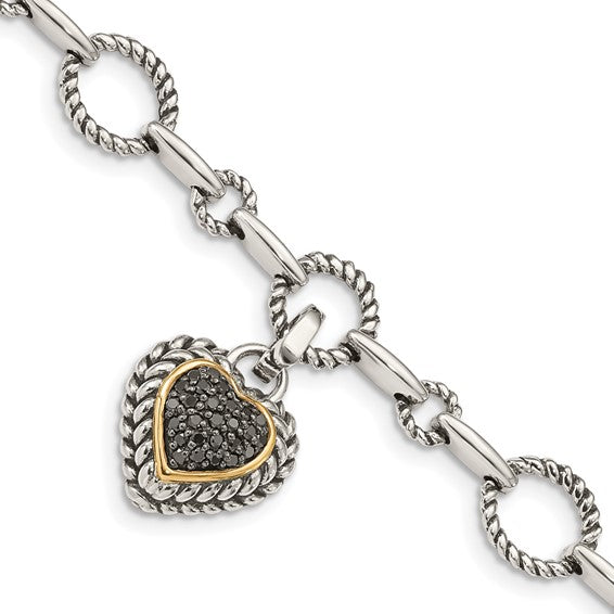 Sterling Silver with 14K Accent 8 Inch Antiqued Black Diamond Heart Link Bracelet