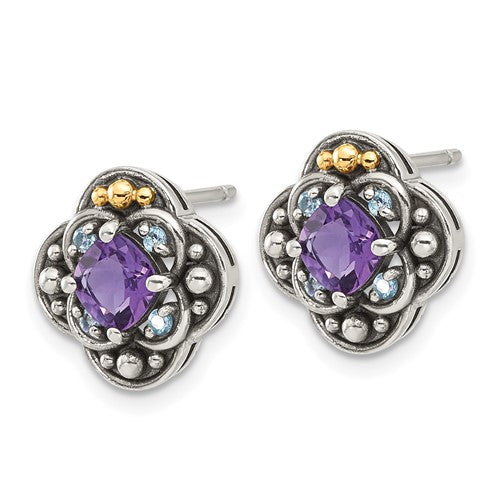 Sterling Silver with 14K Accent Antiqued Cushion Amethyst & Blue Topaz Stud Earrings