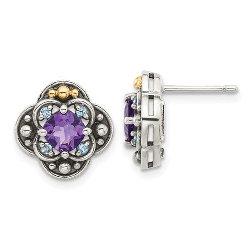 Sterling Silver with 14K Accent Antiqued Cushion Amethyst & Blue Topaz Stud Earrings