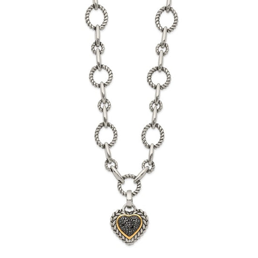 Sterling Silver with 14K Accent Black Diamond Heart Necklace