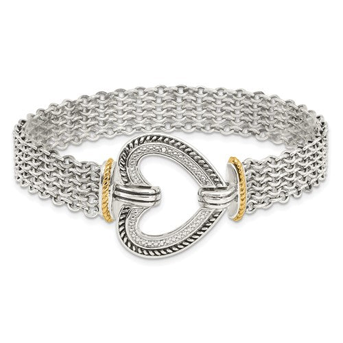 Sterling Silver with 14K Accent 7.75 Inch Antiqued Diamond Heart Bracelet