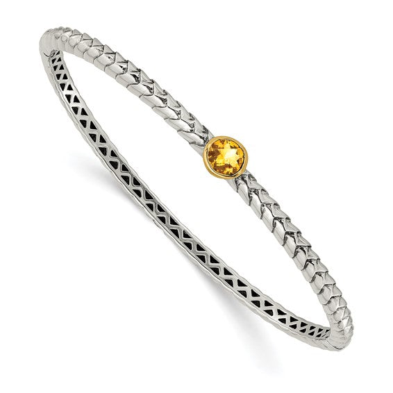 Sterling Silver with 14K Accent Antiqued Round Citrine Hinged Bangle