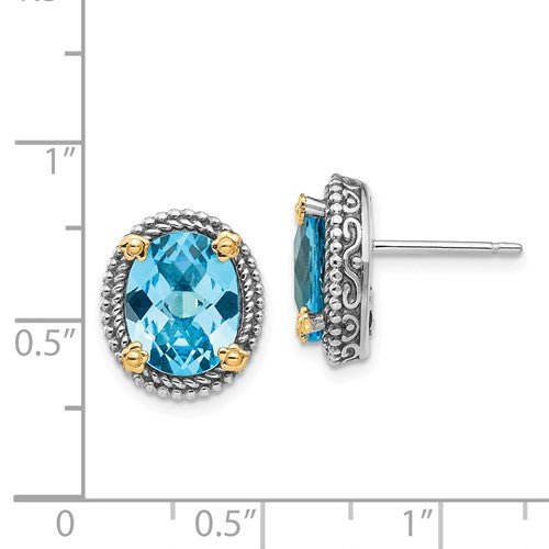 Sterling Silver with 14K Accent Antiqued Oval Swiss Blue Topaz Stud Earrings