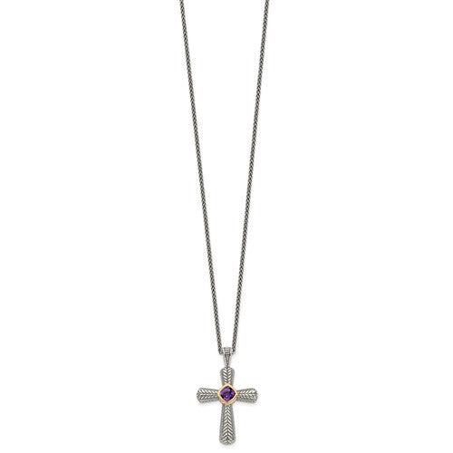Sterling Silver with 14K Accent Antiqued Bezel Cushion Amethyst Cross Necklace