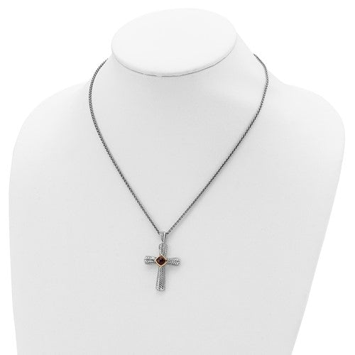 Sterling Silver with 14K Accent Antiqued Bezel Cushion Garnet Cross Necklace