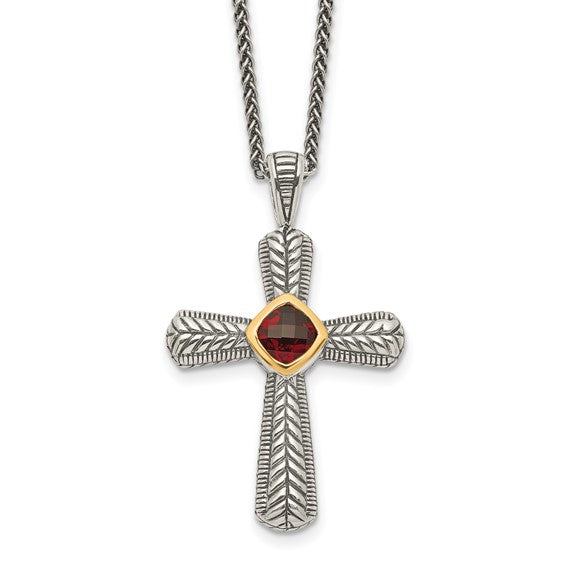 Sterling Silver with 14K Accent Antiqued Bezel Cushion Garnet Cross Necklace