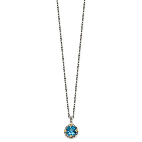 Sterling Silver with 14K Accent Antiqued Round Swiss Blue Topaz Necklace