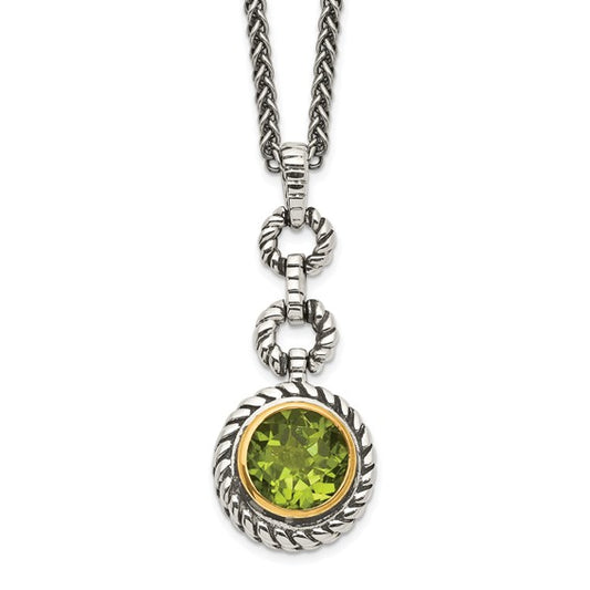 Sterling Silver with 14K Accent Antiqued Round Peridot Necklace