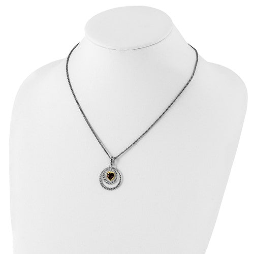 Sterling Silver with 14K Accent 18 Inch Antiqued Heart Garnet Necklace