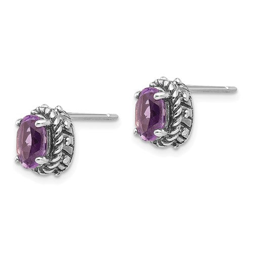 Sterling Silver with 14K Accent Antiqued Oval Amethyst Stud Earrings