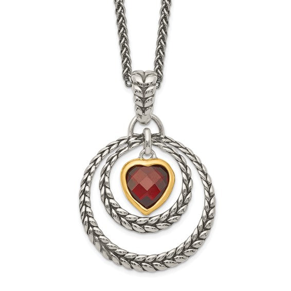 Sterling Silver with 14K Accent 18 Inch Antiqued Heart Garnet Necklace