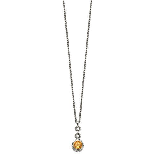 Sterling Silver with 14K Accent Antiqued Bezel Round Citrine Necklace