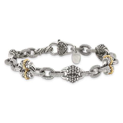 Sterling Silver with 14K Accent 7.5 Inch Antiqued Link Bracelet