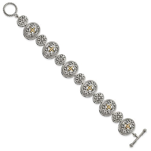 Sterling Silver with 14K Accent 8 Inch Antiqued Toggle Bracelet