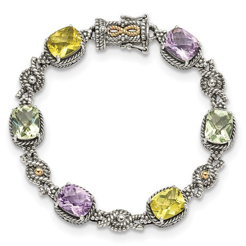 Sterling Silver with 14K Accent 7.25 Inch Antiqued Cushion Pink Quartz Green Quartz and Lemon Quartz Bracelet