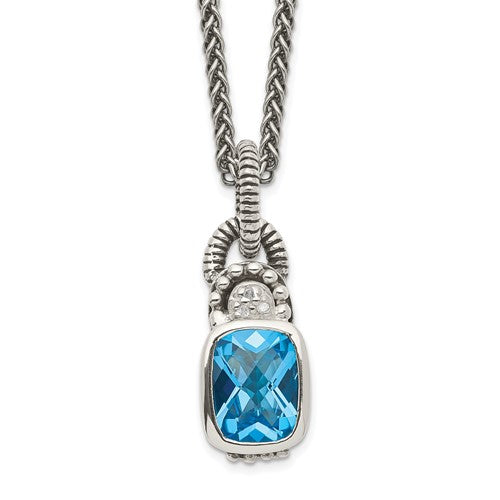 Sterling Silver Antiqued Cushion Bezel Sky Blue Topaz Necklace