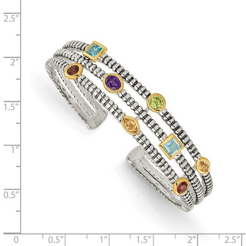 Sterling Silver with 14K Accent Antiqued Bezel Amethyst Blue Topaz Citrine Garnet and Peridot Multicolored Gemstone Cuff Bracelet