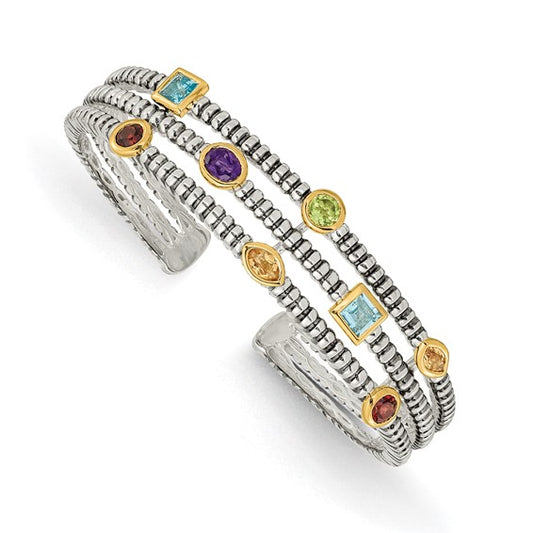 Sterling Silver with 14K Accent Antiqued Bezel Amethyst Blue Topaz Citrine Garnet and Peridot Multicolored Gemstone Cuff Bracelet