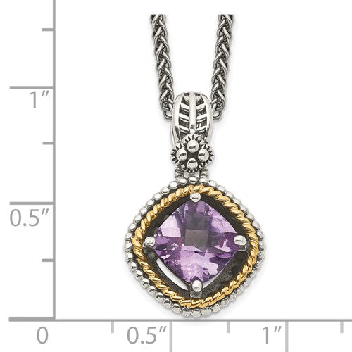 Sterling Silver with 14K Accent Antiqued Cushion Amethyst Necklace