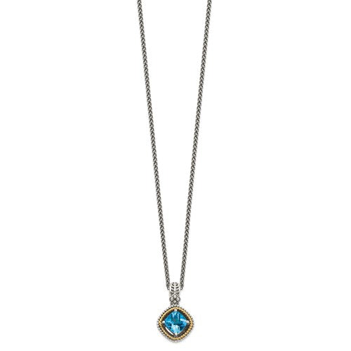 Sterling Silver with 14K Accent Antiqued Cushion Swiss Blue Topaz Necklace