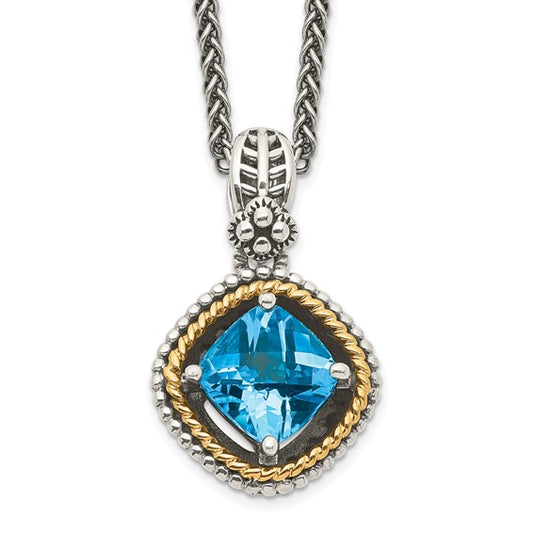 Sterling Silver with 14K Accent Antiqued Cushion Swiss Blue Topaz Necklace