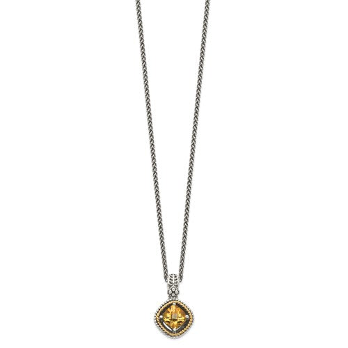 Sterling Silver with 14K Accent Antiqued Checkerboard Cushion Citrine Necklace