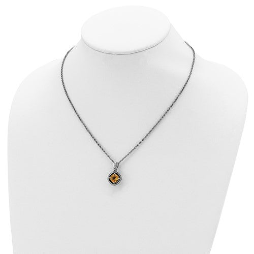 Sterling Silver with 14K Accent Antiqued Checkerboard Cushion Citrine Necklace