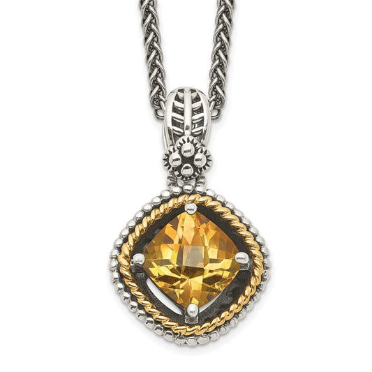 Sterling Silver with 14K Accent Antiqued Checkerboard Cushion Citrine Necklace