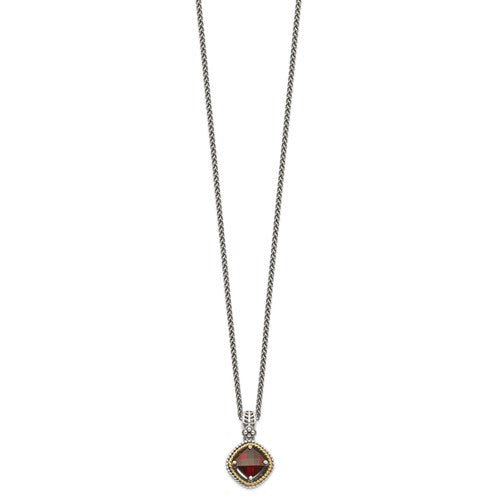 Sterling Silver with 14K Accent Antiqued Checkerboard Cushion Garnet Necklace