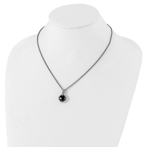 Sterling Silver with 14K Accent Antiqued Checkerboard Cushion Garnet Necklace