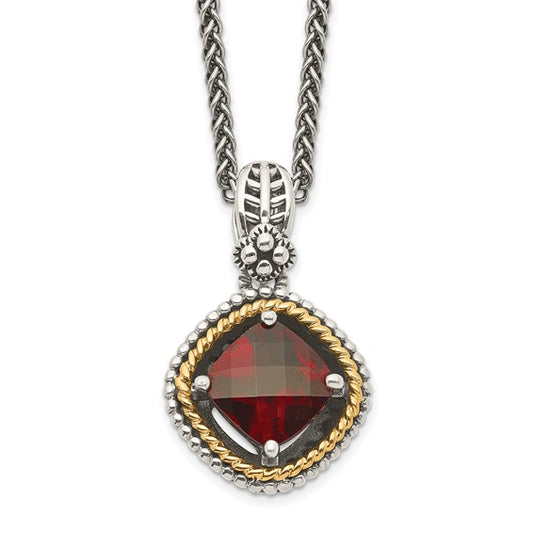 Sterling Silver with 14K Accent Antiqued Checkerboard Cushion Garnet Necklace