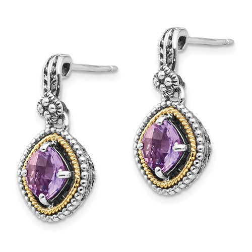 Sterling Silver with 14K Accent Antiqued Cushion Amethyst Dangle Earrings