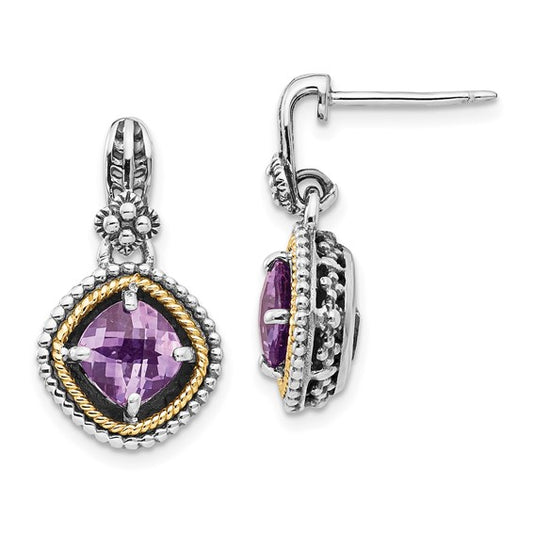 Sterling Silver with 14K Accent Antiqued Cushion Amethyst Dangle Earrings