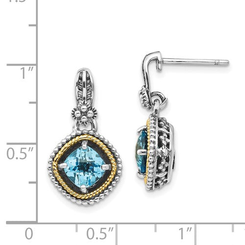 Sterling Silver with 14K Accent Antiqued Cushion Swiss Blue Topaz Dangle Earrings