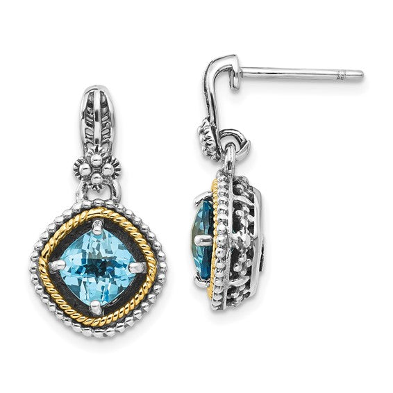 Sterling Silver with 14K Accent Antiqued Cushion Swiss Blue Topaz Dangle Earrings