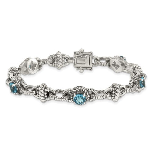 Sterling Silver with 14K Accent 7.75 Inch Antiqued Round Swiss Blue Topaz Bracelet